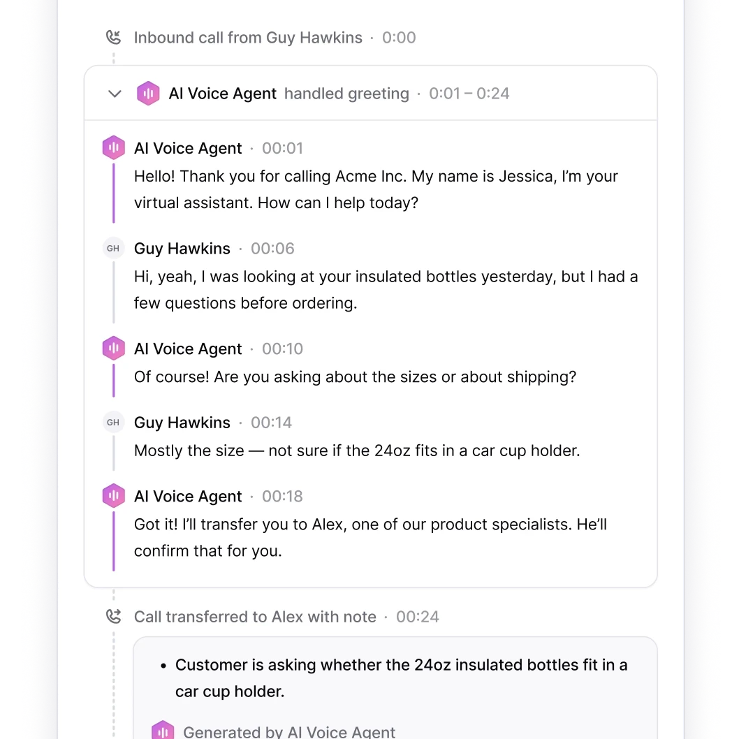 Consio AI Voice Agent handling an inbound ecommerce call, showing a transcript with automated intent detection, customer questions and call transfer notes