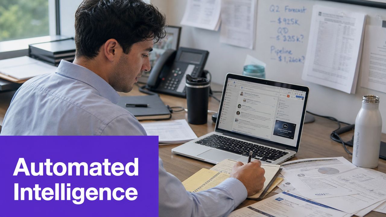 A professional man working on a laptop at a desk with business documents and data charts.