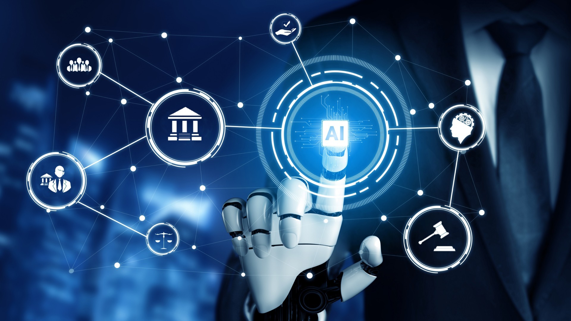 A robotic hand interacting with an AI interface connected to financial compliance icons, representing how artificial intelligence is transforming financial crime compliance (FCC).