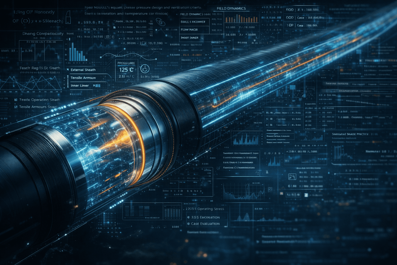 Reinforced thermoplastic pipe (RTP) digital engineering visualization showing flow dynamics, pressure analysis and pipeline performance for offshore energy systems