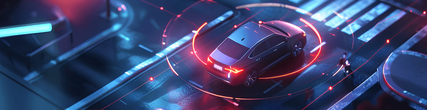 Image of a car on a street in a rendered environment with glowing lights encircling the car. Top rear view of car with brake lights illumintated.