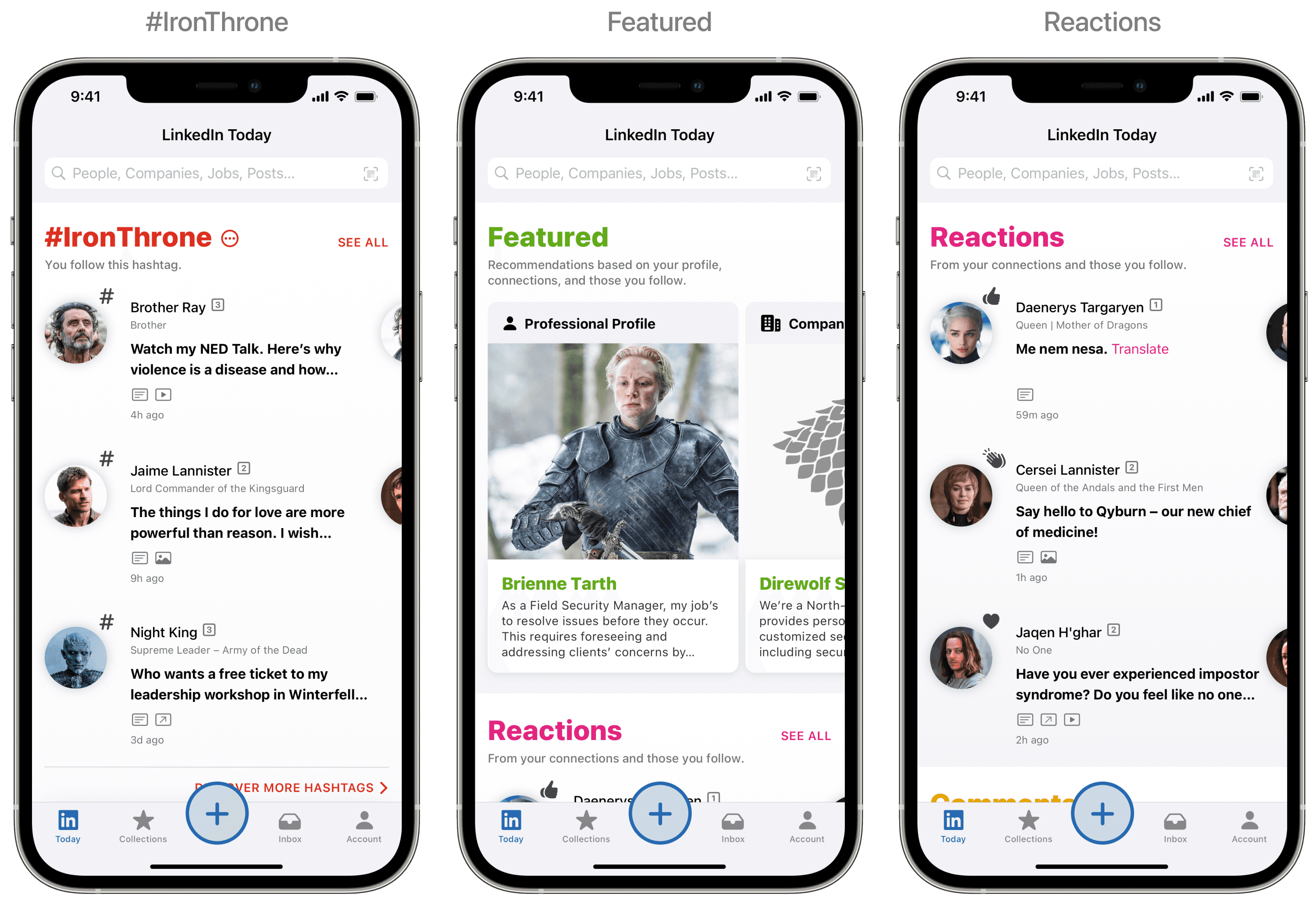 LinkedIn Today sections for Iron Throne, Featured, and Reactions