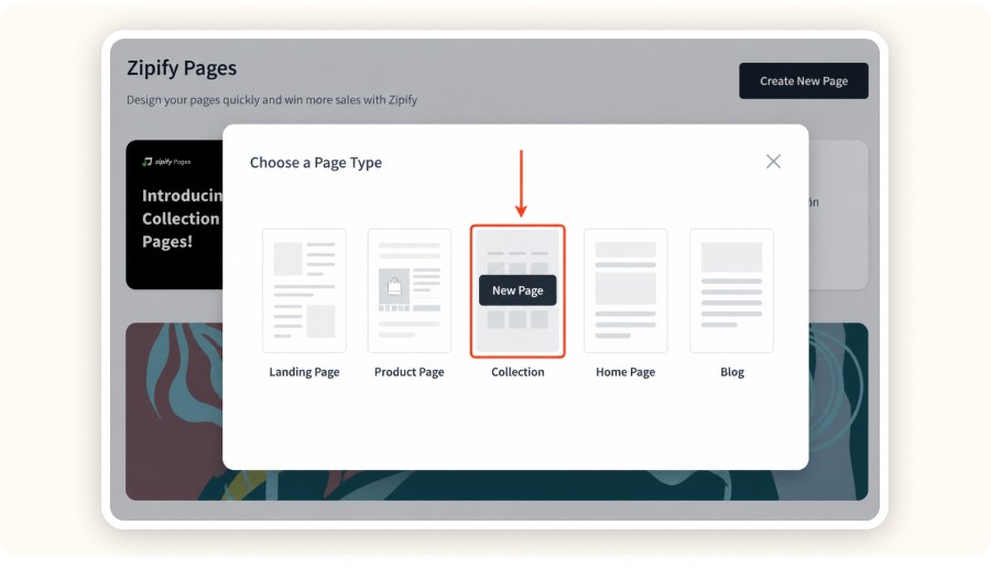 Modal window for selecting page type with highlighted collection option