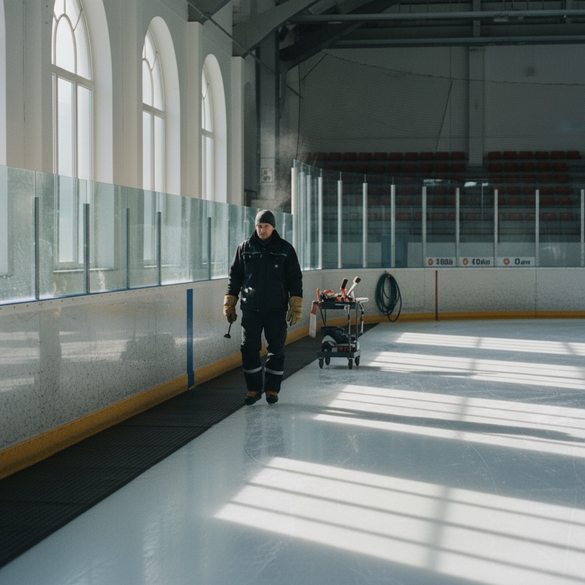 Morgens liegt die Eisfläche still, sanftes Sonnenlicht fällt durch die Fenster und zeichnet helle Streifen über das Feld. Ein einzelner Eismeister prüft den Rand, die Luft ist klar und ruhig. Die Szene vermittelt Ordnung, Struktur und einen geordneten Tagesstart.