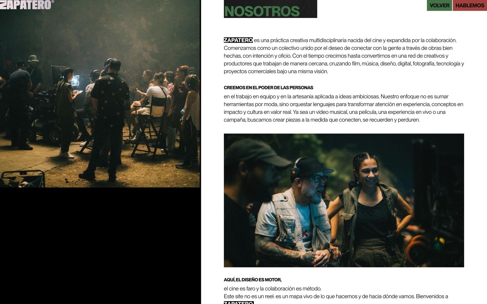 Film crew operating lights and equipment in low light. Right side shows "ZAPATERO," "NOSOTROS" with text about collaboration and creativity.