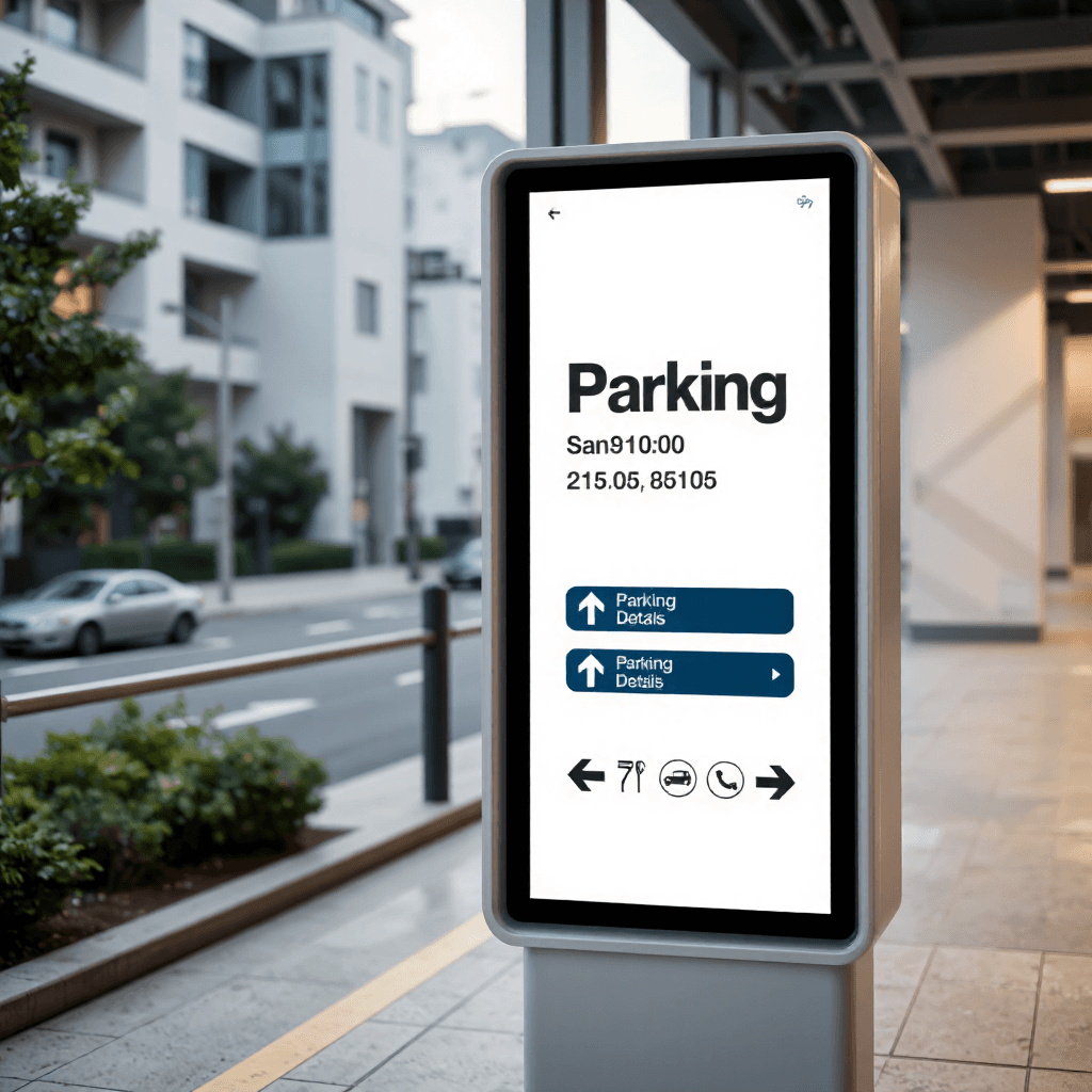 product photography of a digital parking sign with directional information