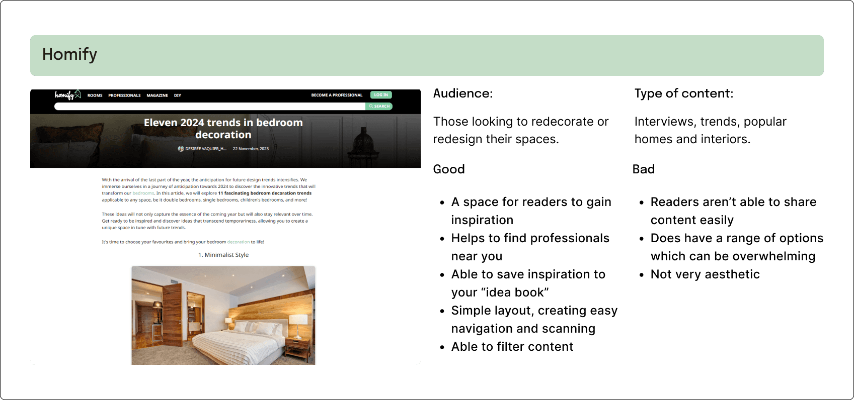 A table comparing the design of the site 'Homify.