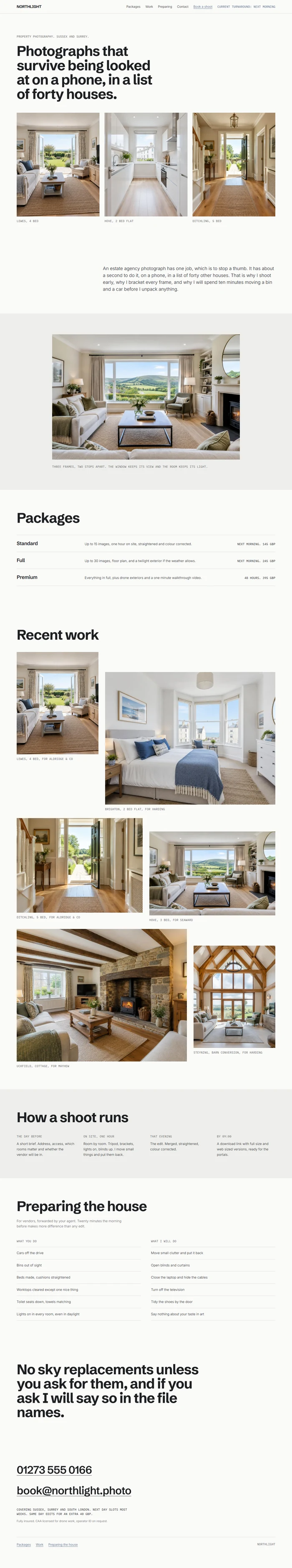 Full page of an AI-generated real estate photography website with a three photo hero, statement, merged exposure living room, ruled packages list, recent work grid, how a shoot runs, preparing the house checklist, editing line and contact links