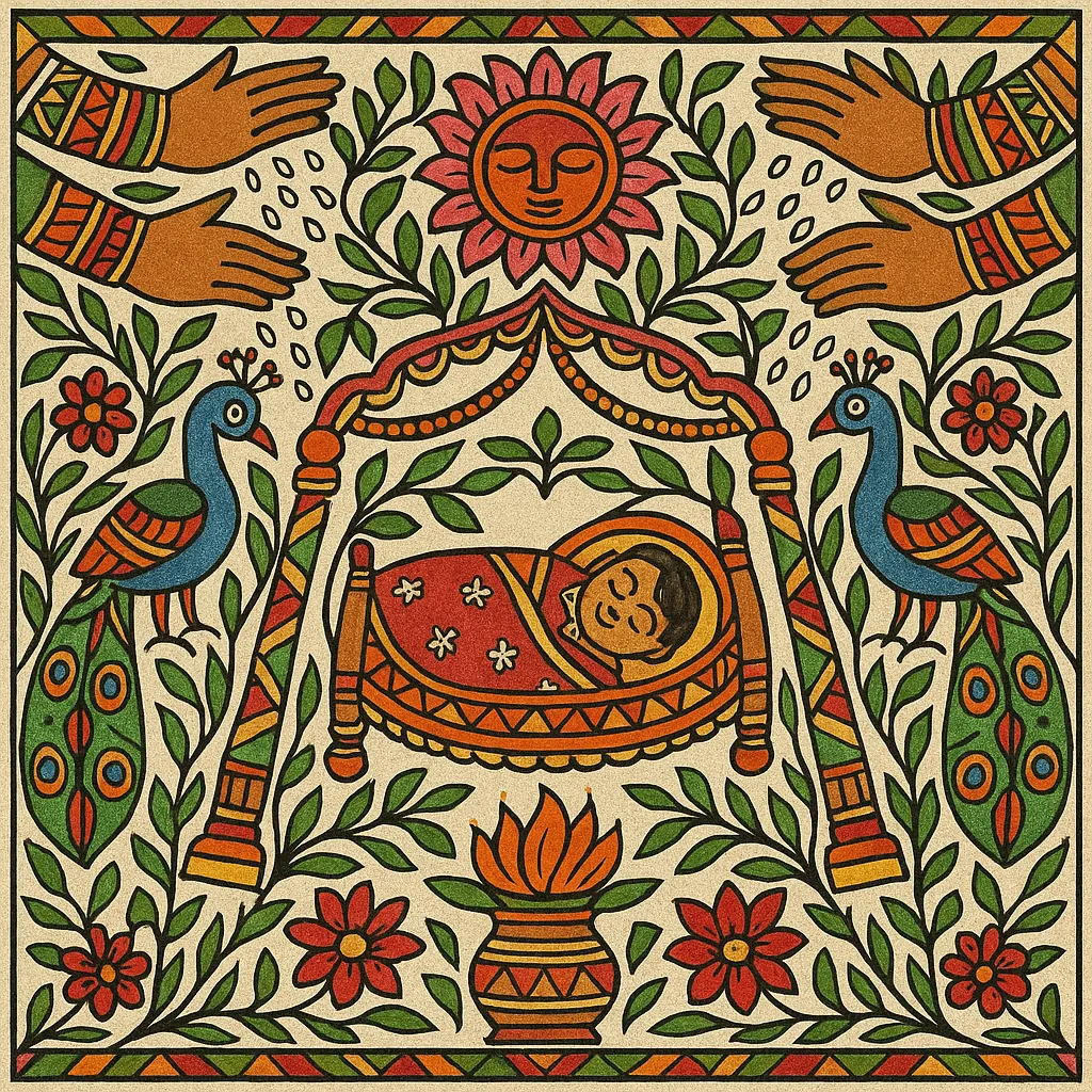 child in cradle, mithila motifs