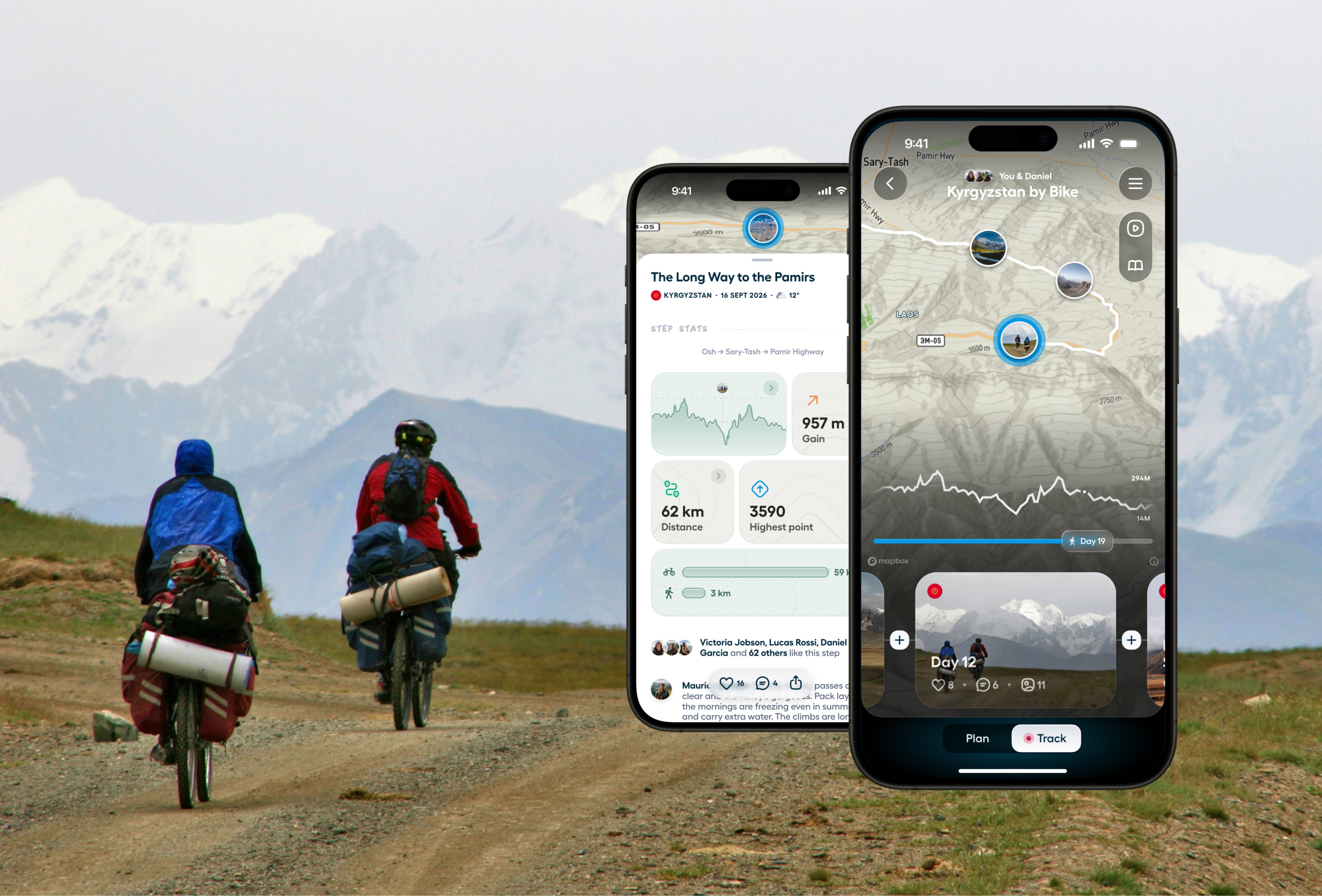 A picture of two bikepackers cycling through the Himalayas. On the right-hand side of the screen, two phones superimposed onto the image, showing the Polarsteps Plus features that track their elevation stats and match the map style with the terrain
