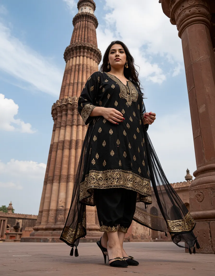 Elegant black and gold traditional outfit photographed against the historic Qutub Minar in Delhi, with flowing dupatta and intricate embroidery.