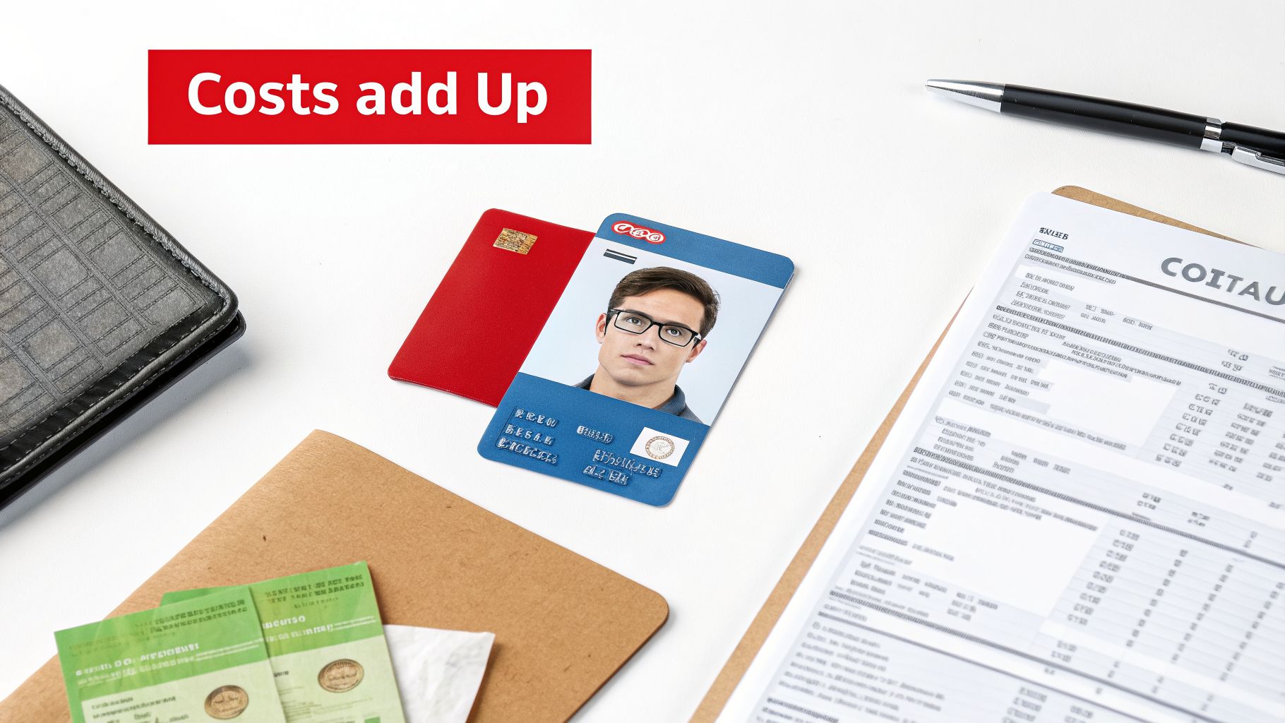 A desk with a wallet, ID card, credit card, pen, document, and paper, with 'Costs add Up' text.