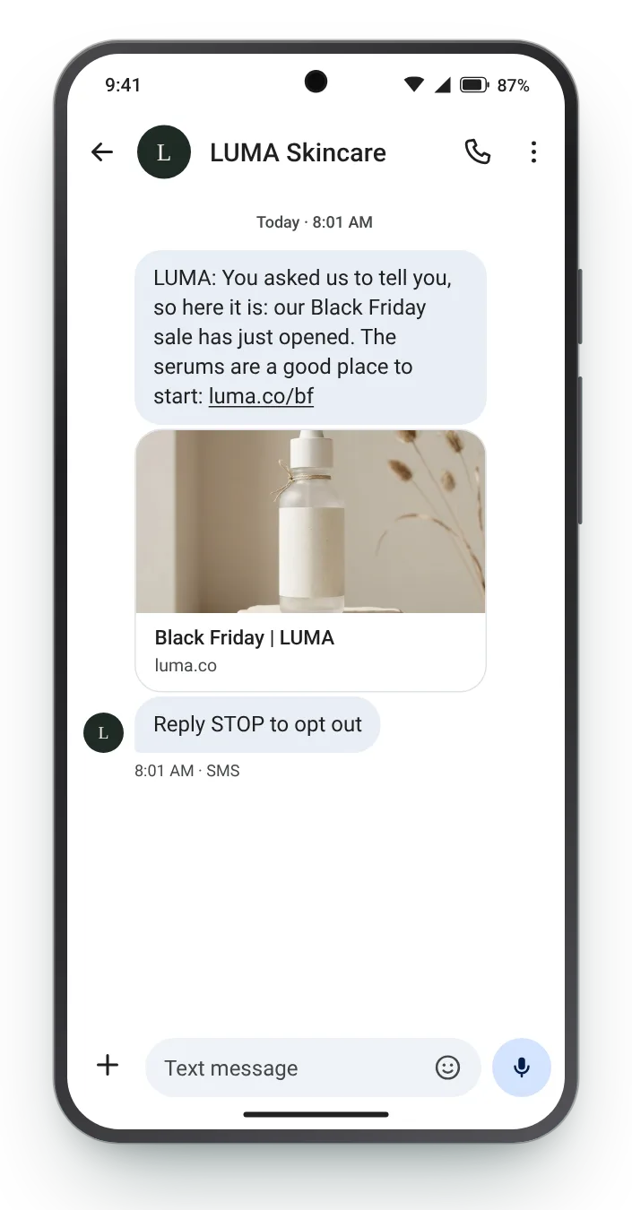 Requested: the start alert Black Friday text on an Android phone