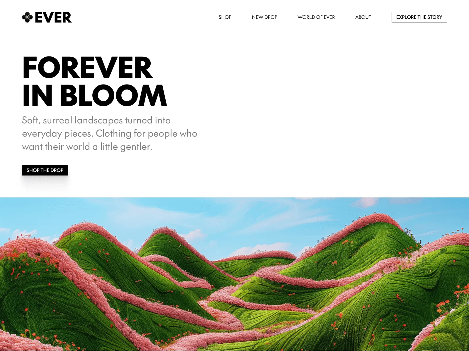 A colorful landscape with rolling hills, featuring the text "Forever in Bloom" at the top of the image.