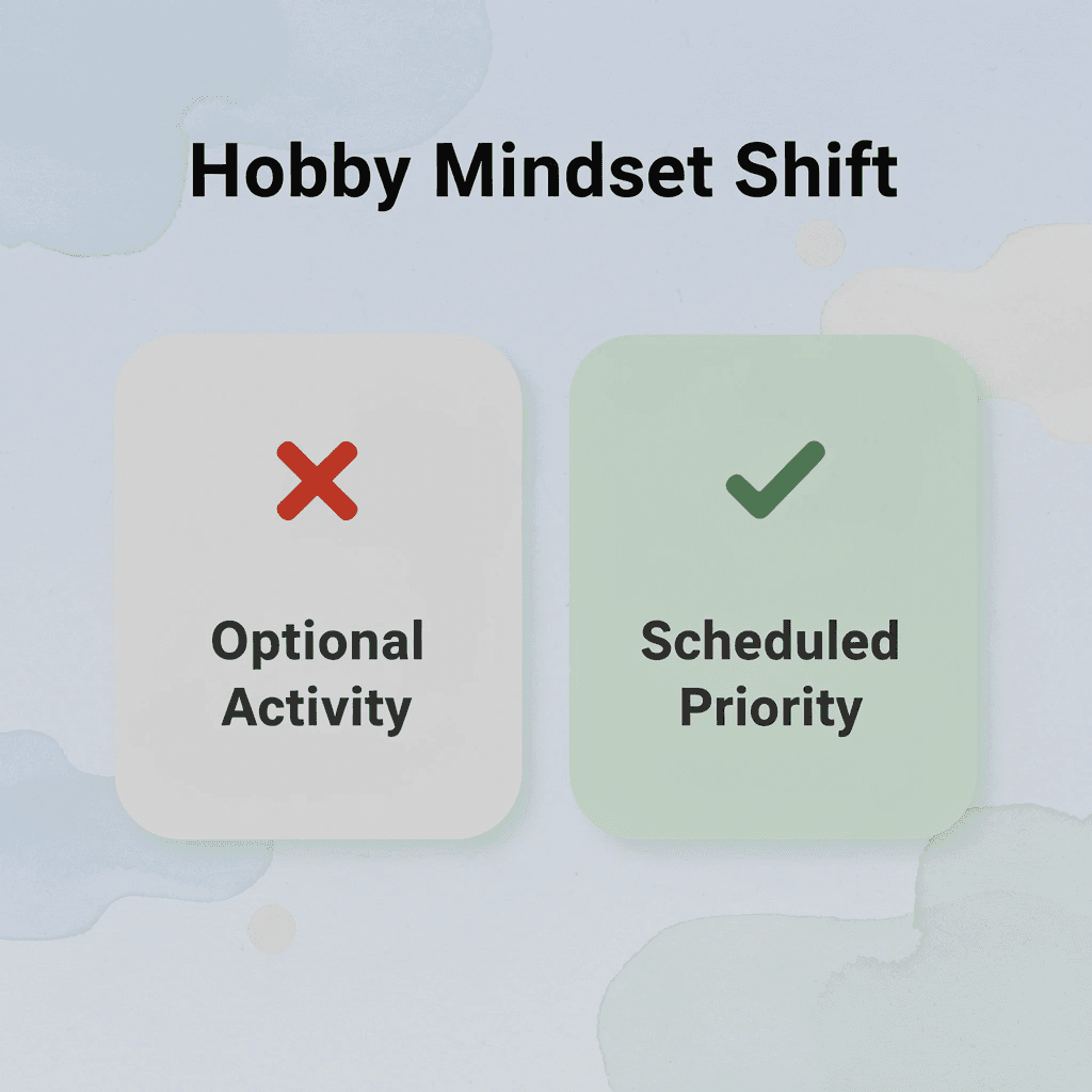 Before and after infographic showing the shift from treating hobbies as optional to scheduling them as priorities