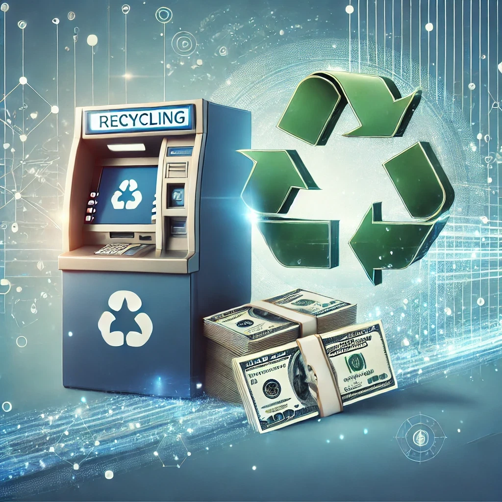 A modern digital illustration representing the concept of cash recycling in banking. The image features an ATM with a visible recycling symbol, stacks of banknotes being deposited and withdrawn, and digital lines or network nodes representing the flow of money. The background includes abstract representations of a secure and efficient banking system, with shades of green and blue symbolizing money and technology. The style is sleek, professional, and business-oriented, suitable for a financial services audience.