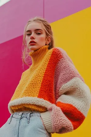 Blonde woman in colorful sweater.