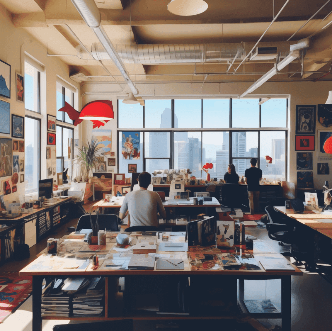 Busy open-plan coworking space with multiple members working