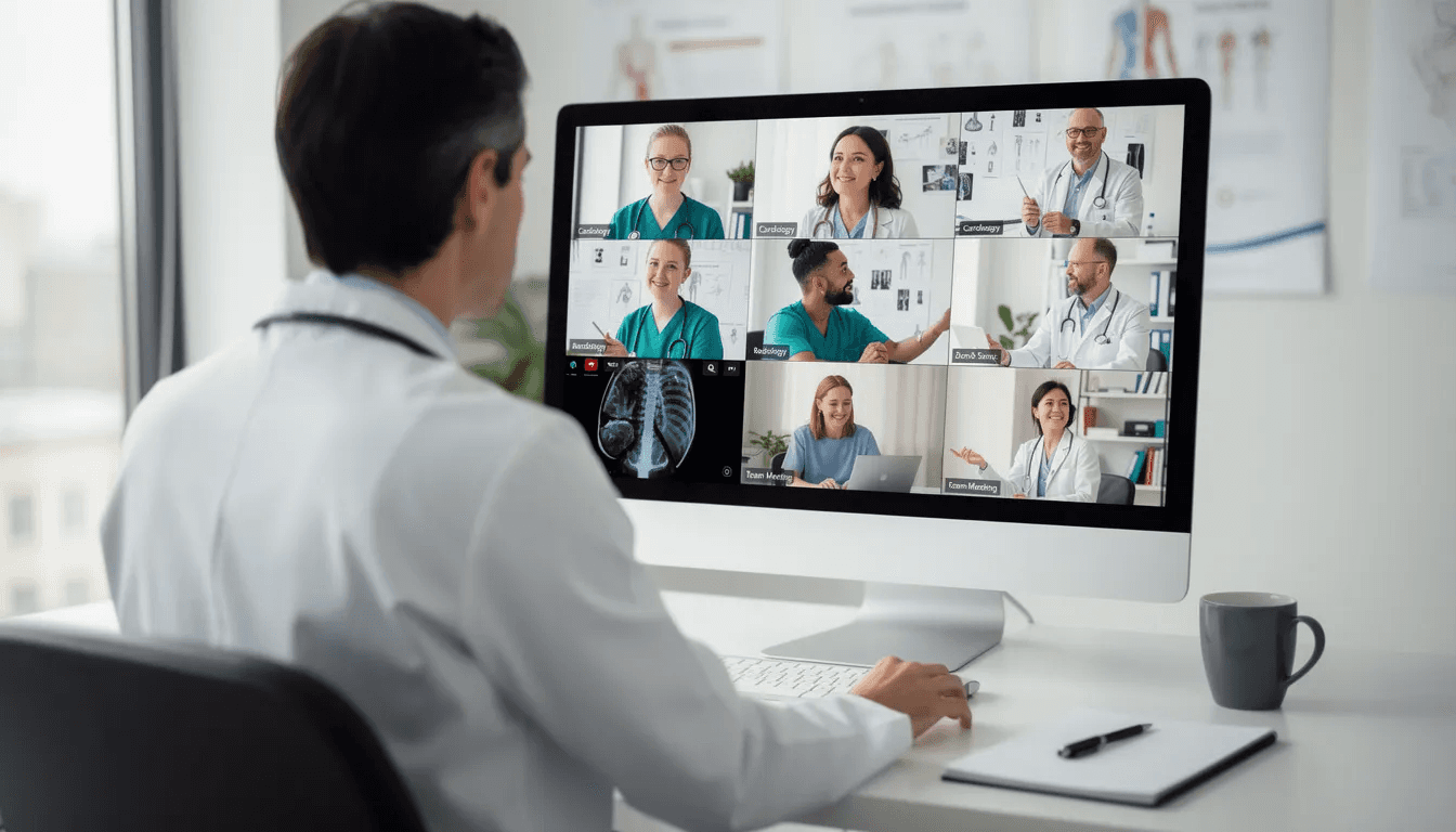 A healthcare professional is engaged in a video conference with a medical team, showcasing the rise of fractional work and the flexible workforce in the healthcare sector. This collaboration highlights the use of specialized expertise and communication tools, allowing gig workers to contribute effectively to various projects while maintaining a competitive advantage.