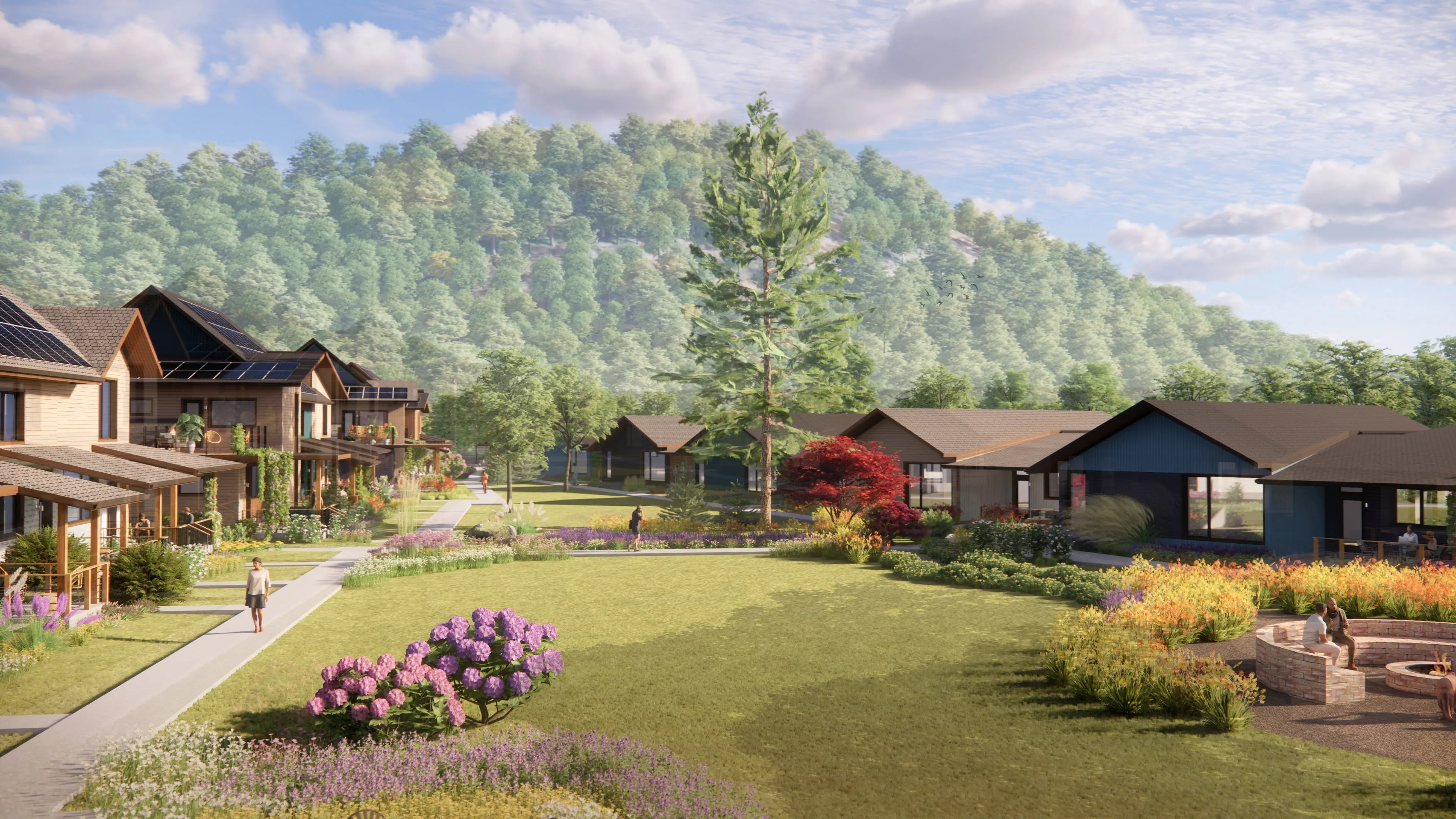 Explore the Rooted Northwest site plan, including the Common House, housing clusters, pond, gardens, pathways, and preserved farmland.