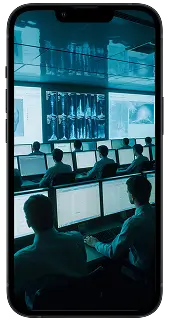 Imagem de uma tela de celular, que mostra vários profissionais sentados em frente a monitores