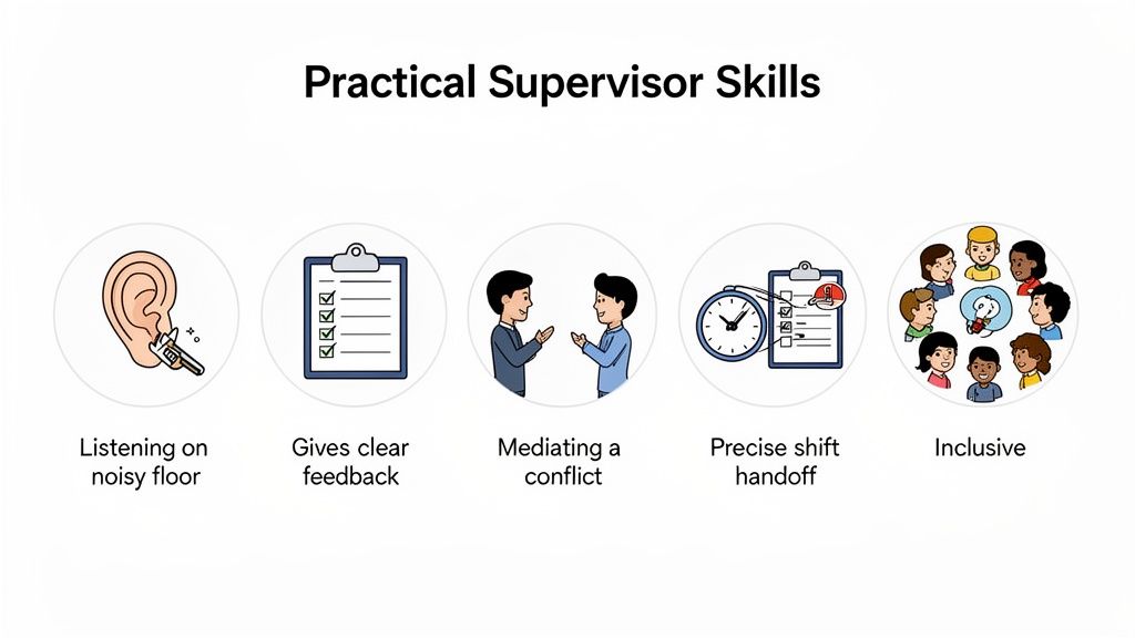 Practical supervisor skills demonstrated with icons: listening, clear feedback, conflict mediation, precise shift handoff, and inclusivity.