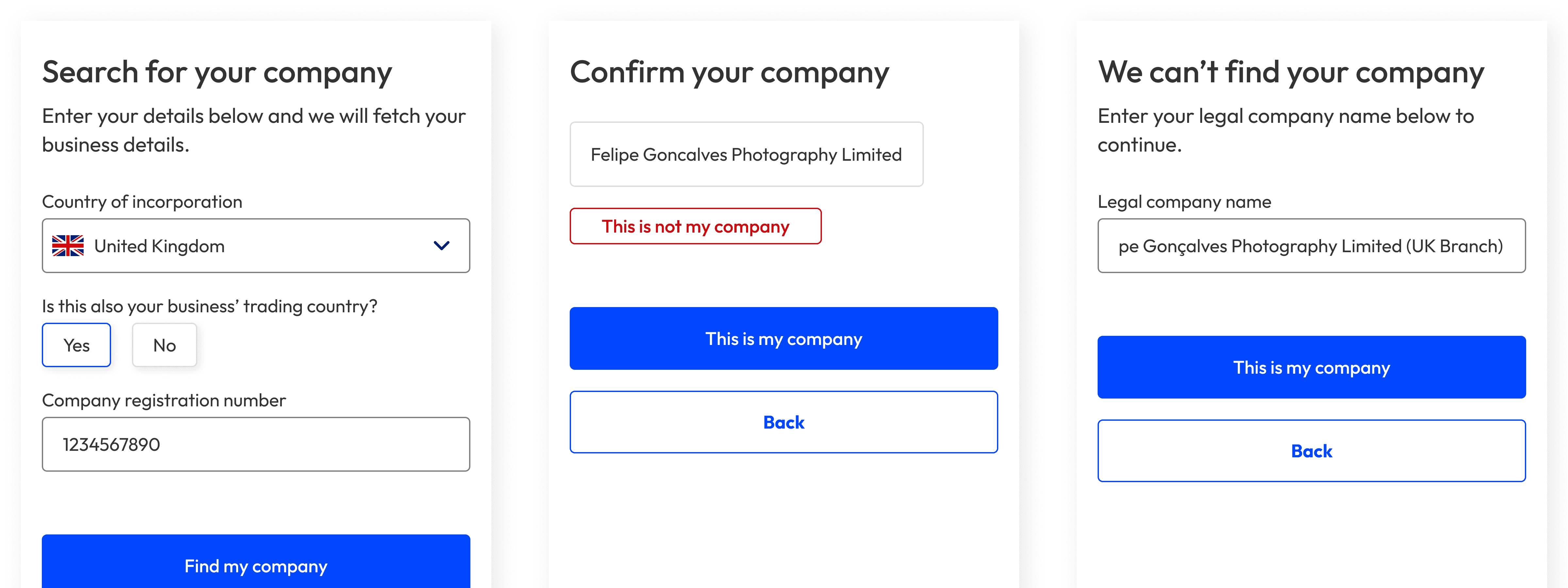 Screens showing how a UK, US or EU company can have some of their details auto populated by an API.