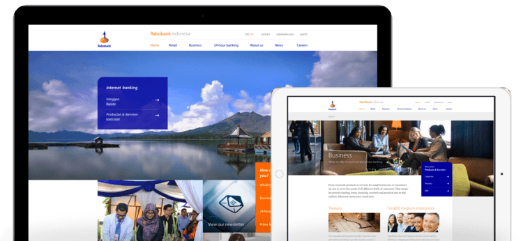 Schermen van computer en tablet met Rabobank website.