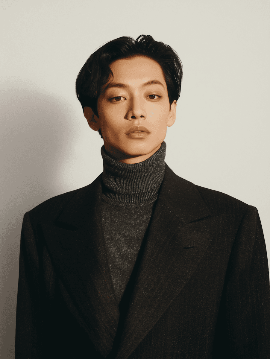 A person with short dark hair gazes confidently at the camera, donning a dark turtleneck and blazer. The tone is formal and poised.