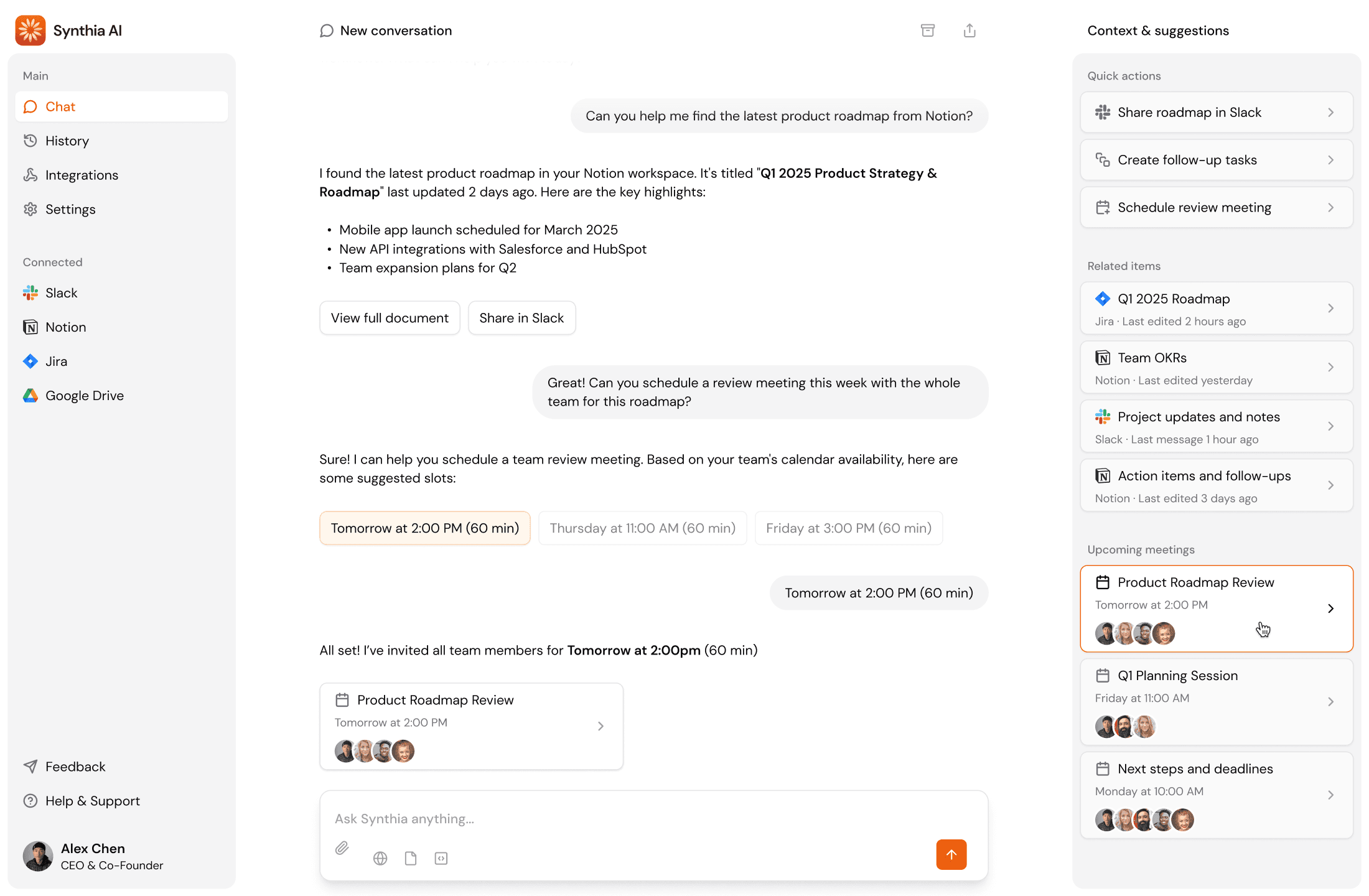 AI chat interface showing a roadmap fetched from Notion and quick actions in sidebar