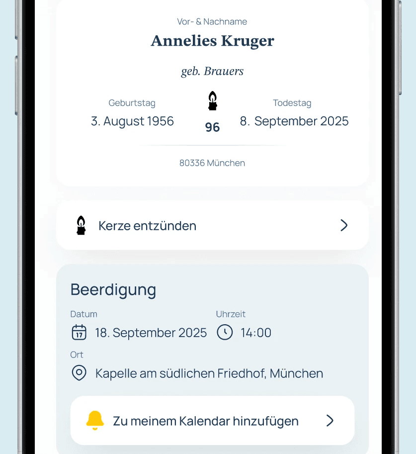 Geöffnete exitus App zeigt Informationen in der Traueranzeige