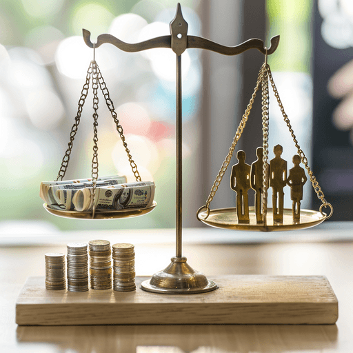 A balanced scale with stacks of coins and banknotes on one side labeled 'Assets' and a group of people on the other side labeled 'Liabilities + Equity', with a background of a modern office setting, professional, clean design 