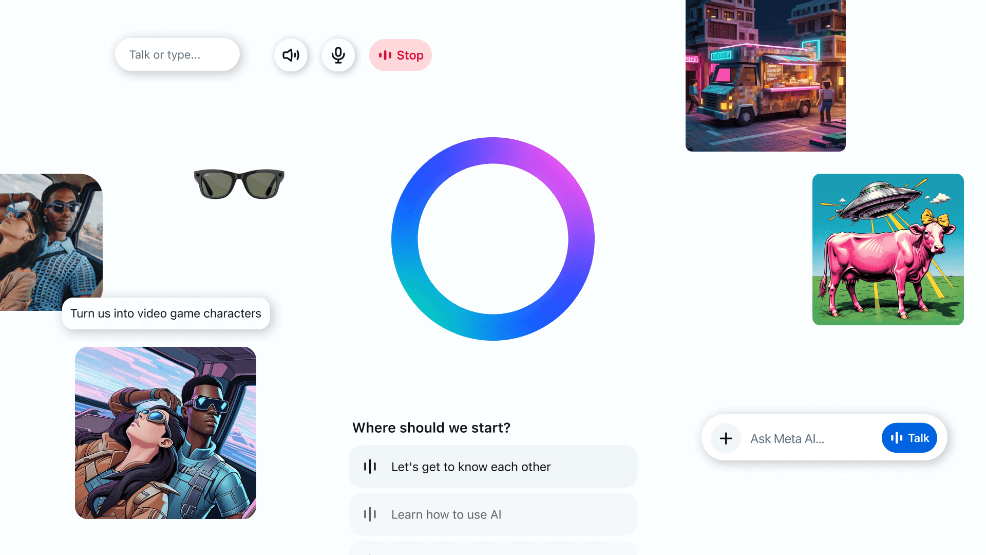 Meta AI voice assistant screen with a talk or type bar, a colorful ring, generated images and Ray-Ban glasses.