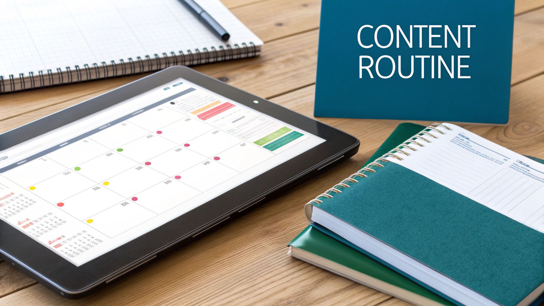 A tablet displays a content calendar, alongside notebooks and a 'CONTENT ROUTINE' sign on a wooden desk.