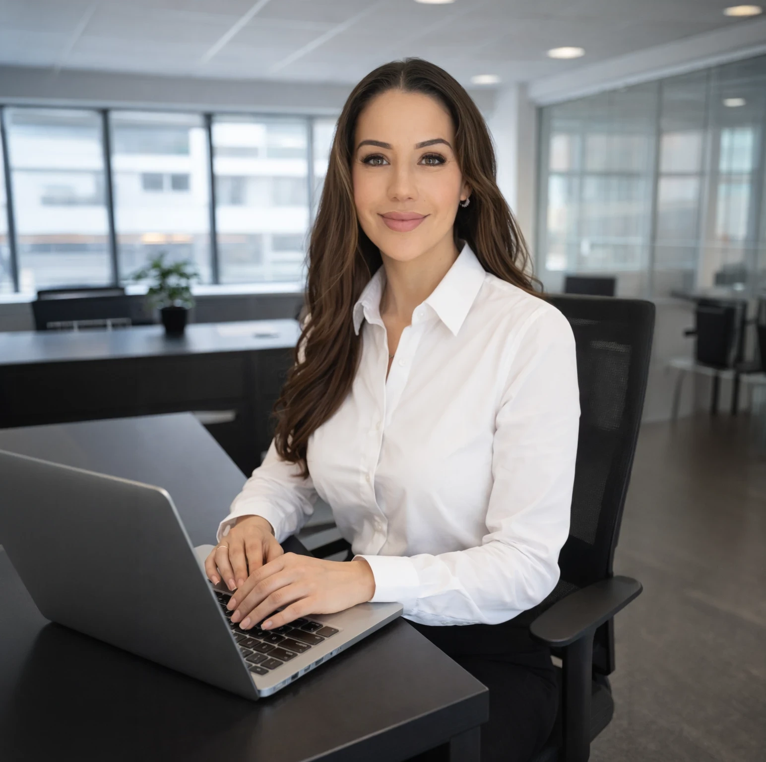 Anouk Diaz en face de son ordinateur dans un grand bureau moderne