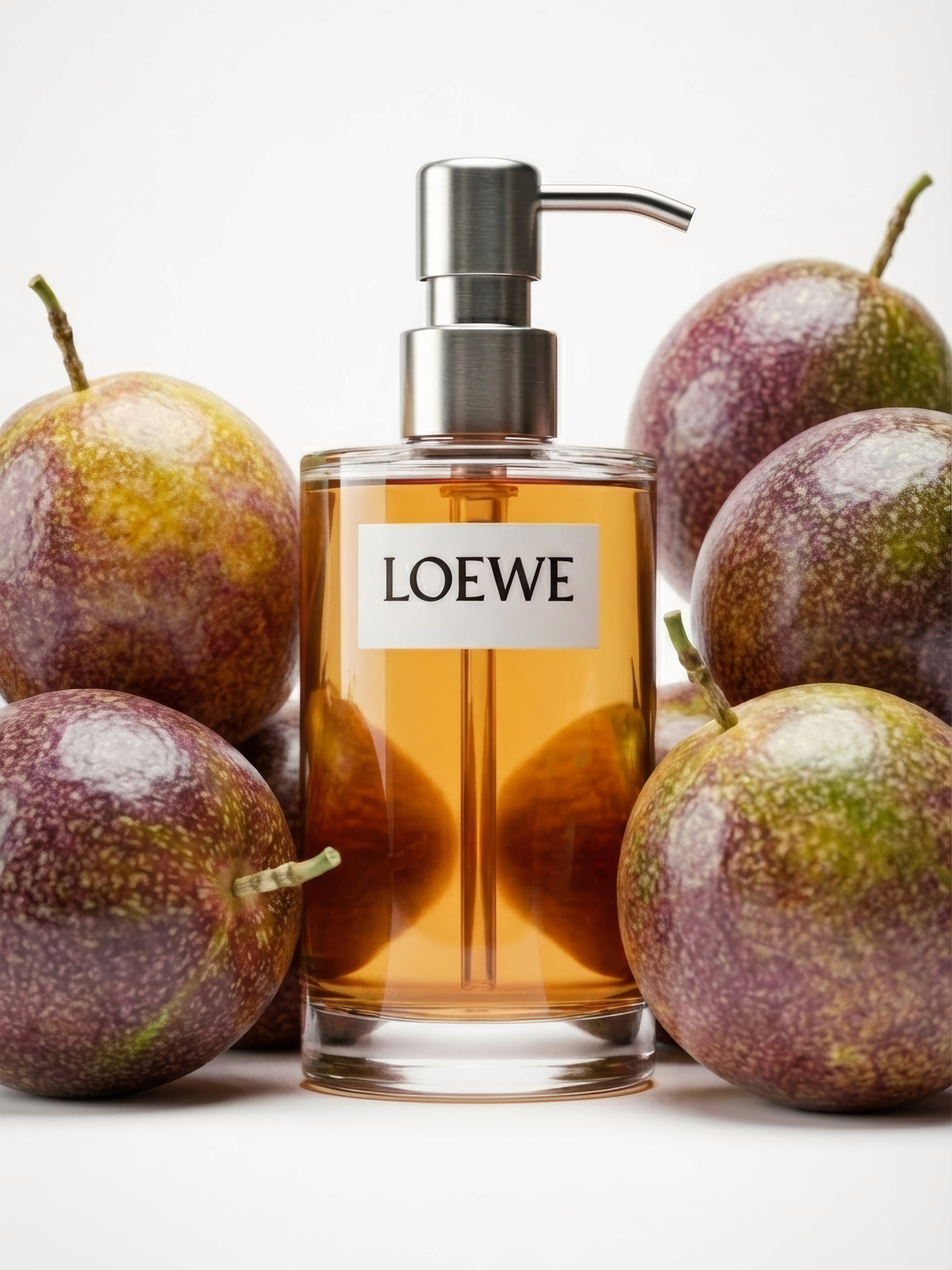 Dispenser di sapone liquido Loewe in vetro trasparente con erogatore argento. Composizione still life circondata da frutti della passione freschi su sfondo bianco.