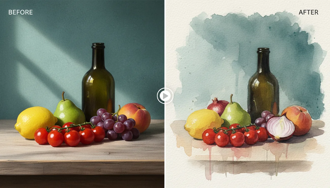 A split-screen comparison image demonstrating a Photoshop template effect. On the left, a vibrant, high-resolution DSLR photograph of a still life with fruit, including a lemon and cherry tomatoes, on a wooden table against a textured teal background with soft natural daylight. On the right, the same image is transformed into a loose watercolor painting, featuring a dark glass bottle, a red onion, and peaches with expressive brushstrokes, color bleeding, and visible paper texture. A clean vertical line with a small circular UI slider separates the two styles, creating a distinct before-and-after effect.
