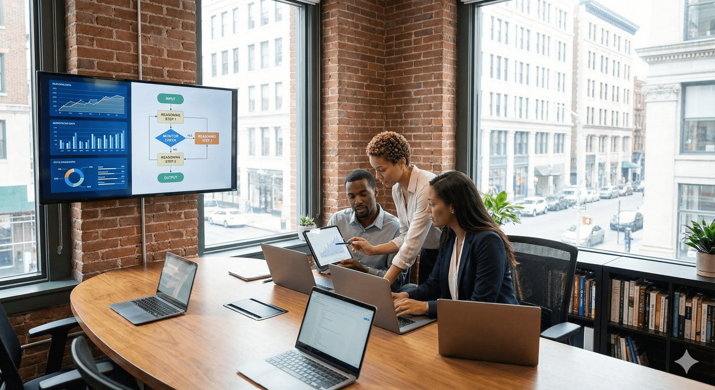 A diverse team of professionals collaborates in a modern conference room with laptops, discussing data displayed on a large screen showing charts and diagrams, illustrating concepts of AI success and monitorability.
