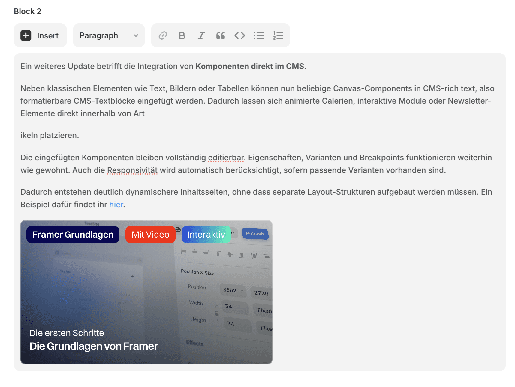 Beispiel für die Integration einer Komponente im CMS.