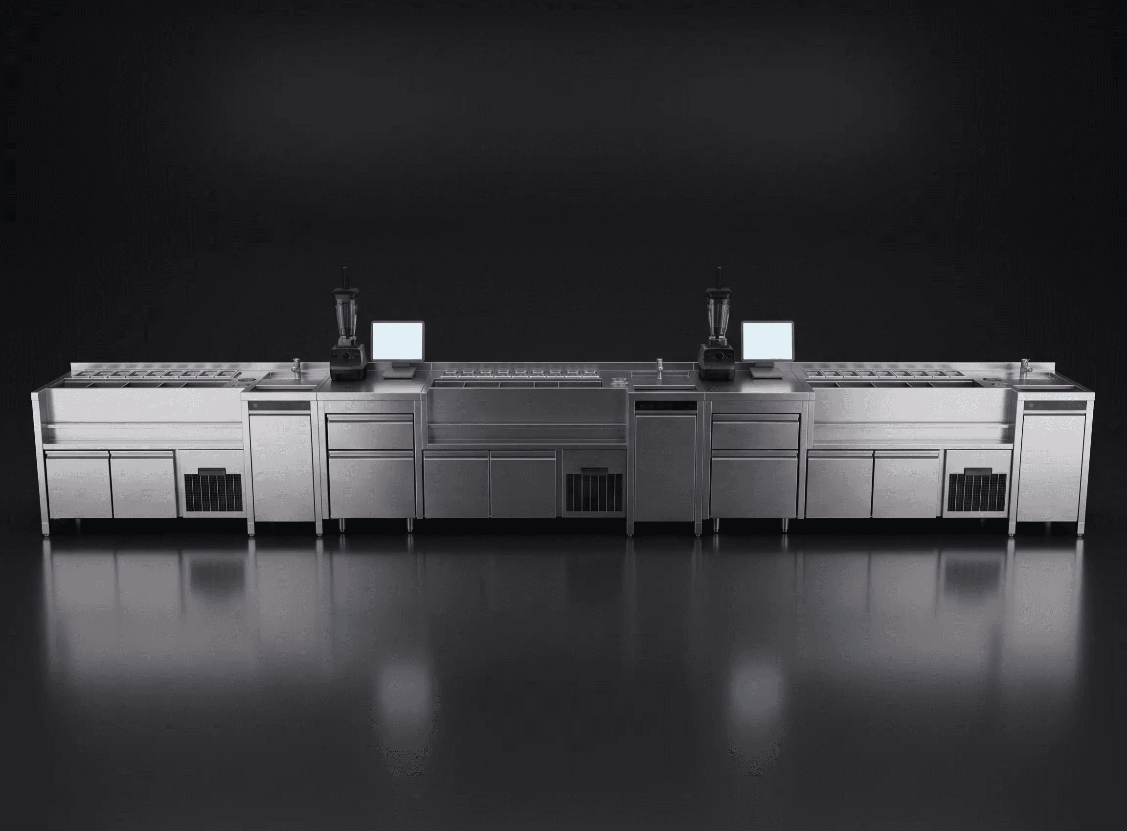 Underbar cocktail station crafted from premium stainless steel, featuring an integrated insulated ice chest, speed rails, and an ergonomic layout designed for high-volume professional bar operations.