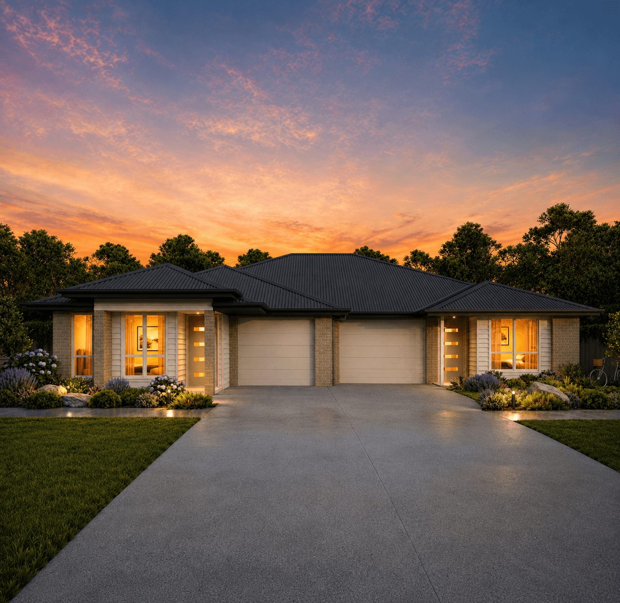 Modern single-storey Toro home at sunset with a landscaped front garden.