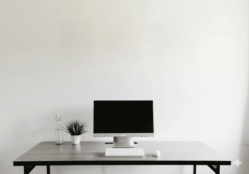 monitor, keyboard, and mouse on table