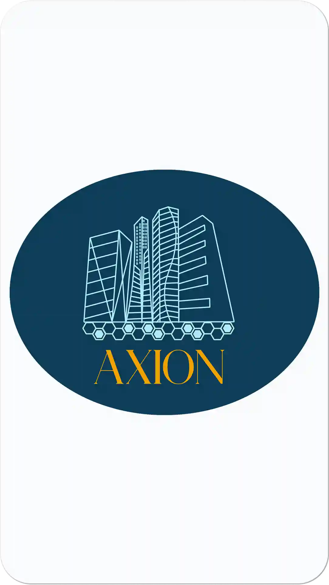 Το λογότυπο της Axion με τέσσερα μεγάλα κτήρια στο κέντρο και το λογοτυπο axion.