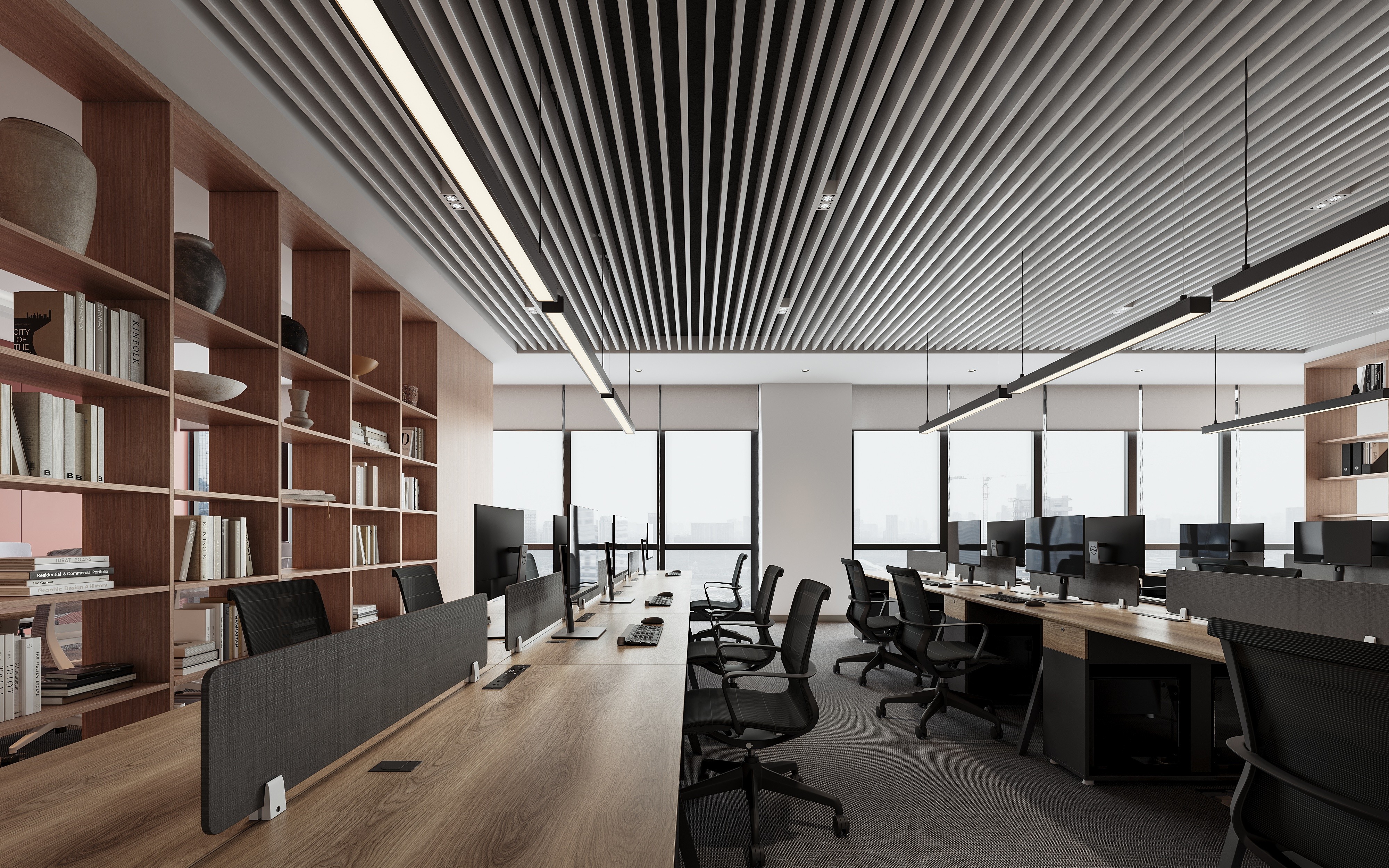 Minimalist office pantry design with a marble waterfall island and luxury pendant lights