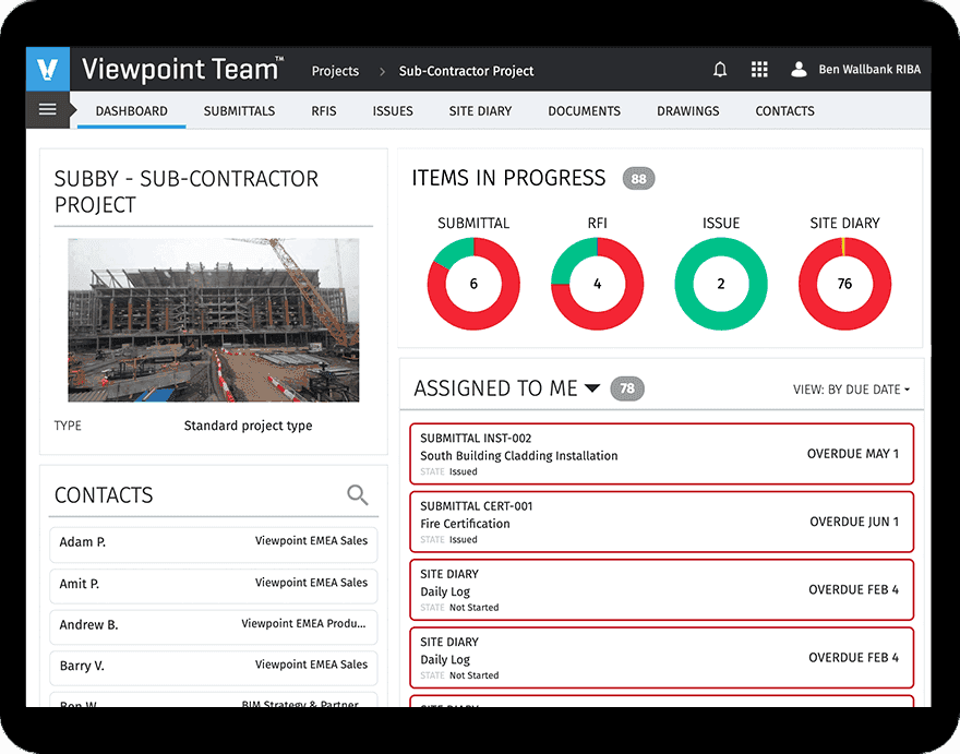 Viewpoint Vista dashboard displaying project progress and assigned tasks.