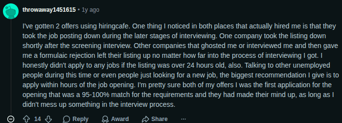 Reddit post saying some job listings disappear mid-interview while dead roles stay up, advising applying to jobs only a few hours old