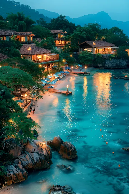 Resort à beira-mar iluminado ao entardecer com montanhas ao fundo