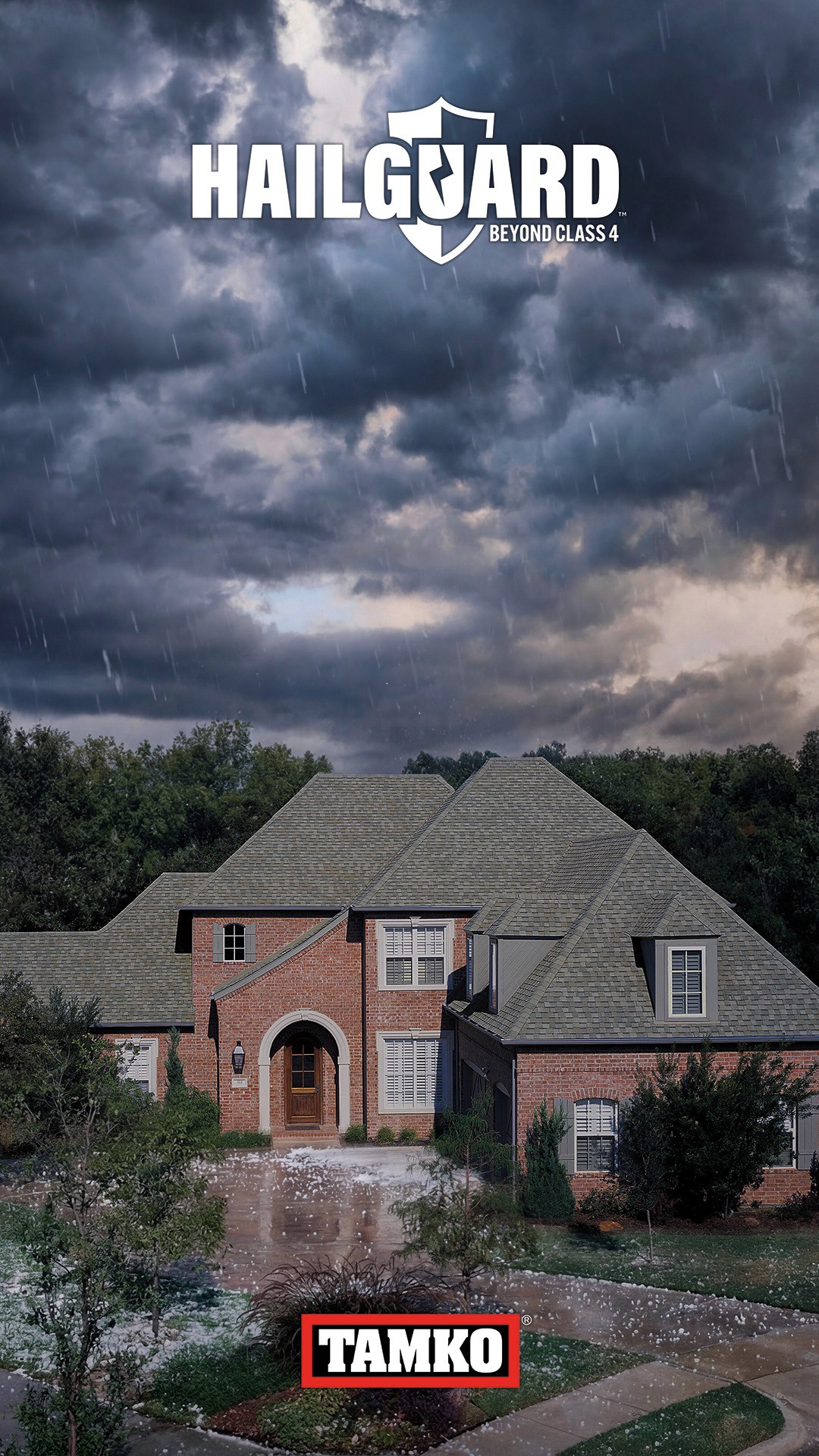 TAMKO HailGuard promotional image of an Olde English Pewter roof beneath stormy skies.