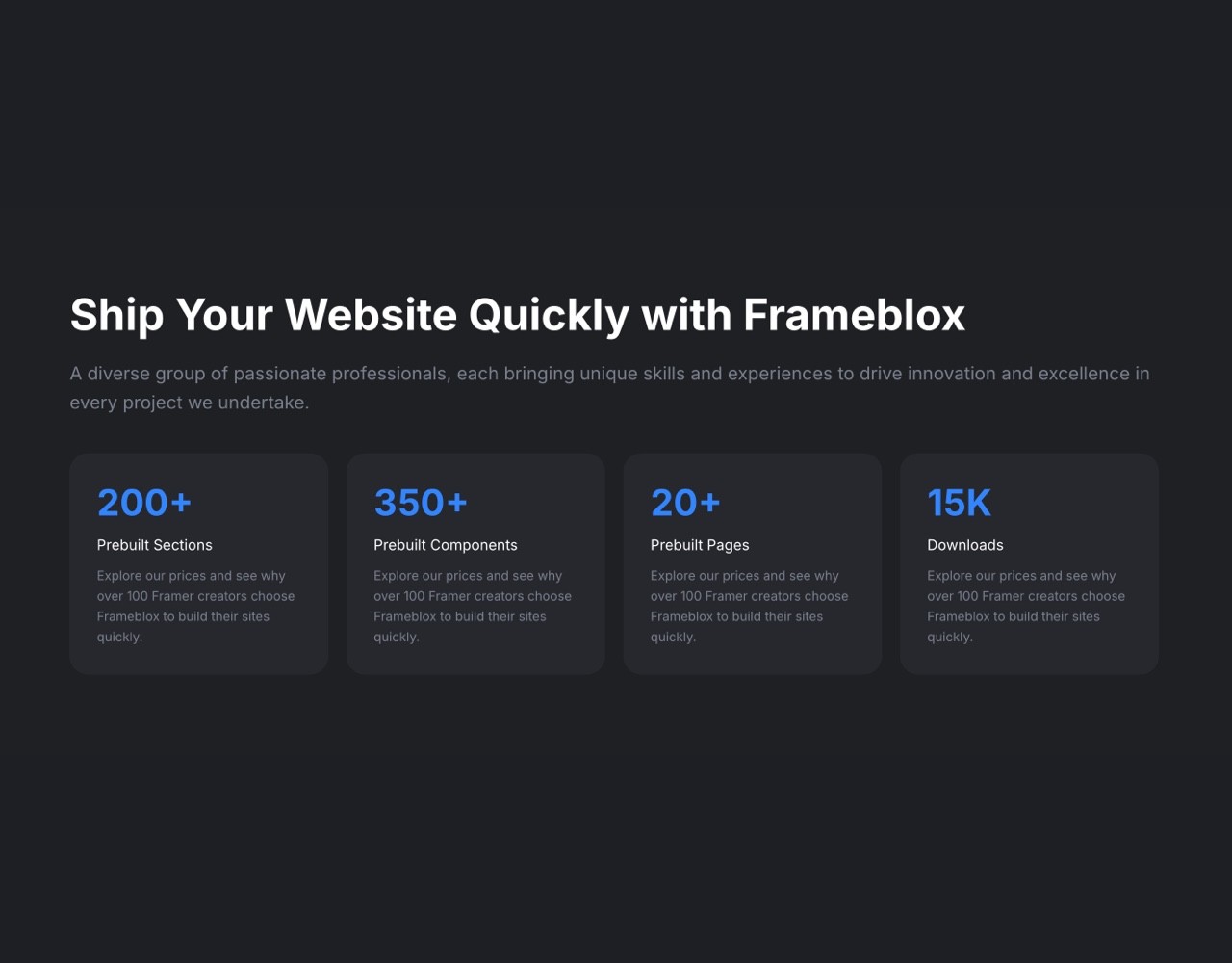 Framer Dark Metrics Section - Frameblox UI