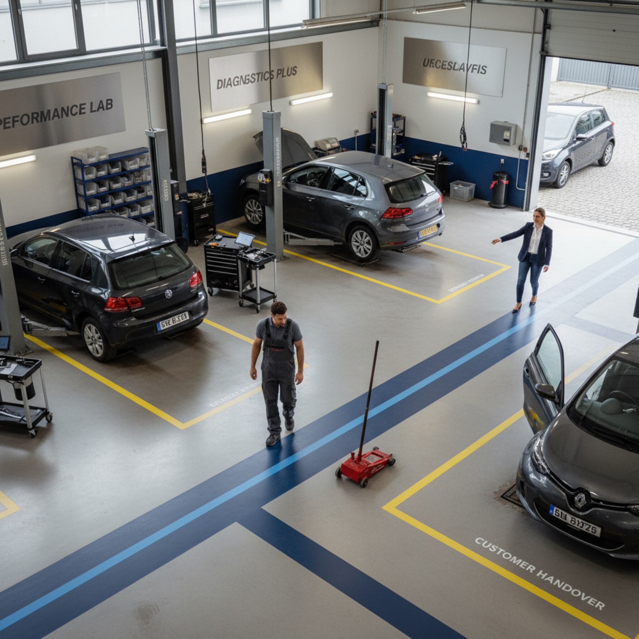 Blick von oben auf die Werkstatt: Markierte Plätze, zwei angehobene Fahrzeuge, ein weiterer Wagen wartet auf dem Vorbereitungsplatz. Ein Mechaniker holt einen Wagenheber, eine Kollegin führt einen Ersatzwagen über den Hof. Deutliche Bodenmarkierungen trennen Bereiche. Das Zusammenspiel wirkt abgestimmt und im Rhythmus.